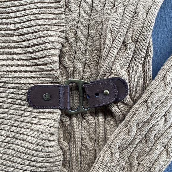 Lauren Ralph Lauren Sweater Womens Medium Beige Cable Knit Wrap Belted Cotton - Picture 3 of 9